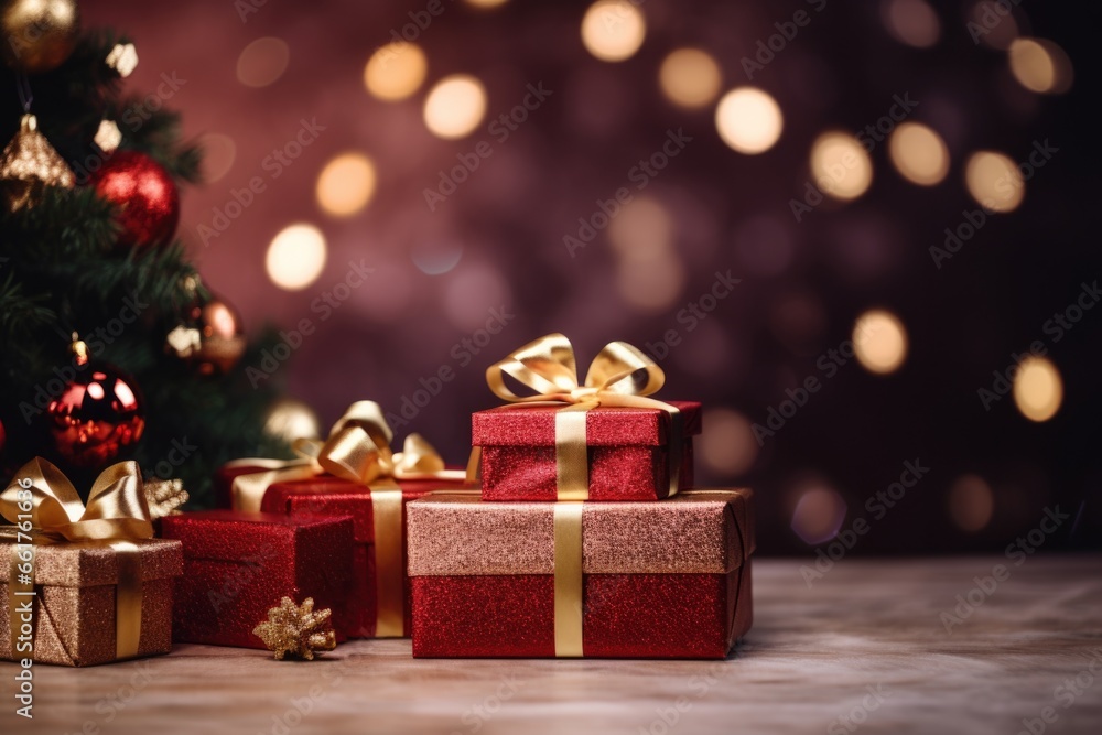 christmas gifts and presents. and new year holidays concept. Red balls on fir branches, winter snowy backdrop. festive winter season background christmas gifts and presents. and new year holidays concept. Red balls on fir branches, winter snowy backdrop. festive winter season background