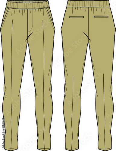 Mens Tailored chino Pants design flat sketch vector illustration, Slim fit formal trouser pants concept with front and back view, Knitted khaki pant for suits