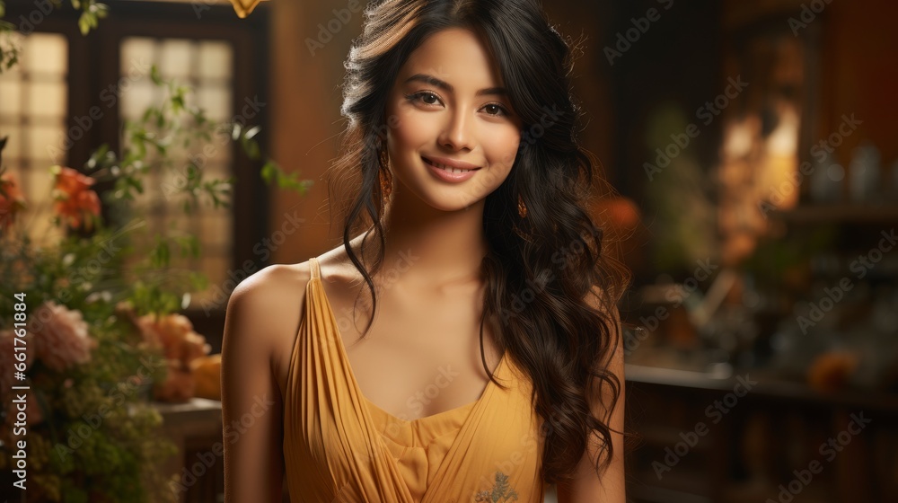 Fototapeta premium Beautiful Thai Woman Wearing Thai Dress Happy Smile, Background Images , Hd Wallpapers, Background Image