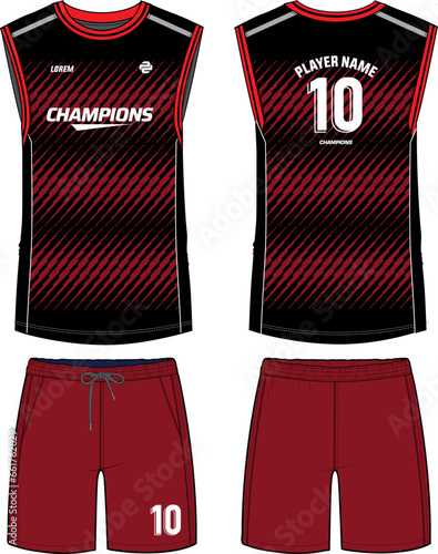 Sleeveless Tank Top Basketball jersey vest with shorts kit design flat sketch illustration template, Racing sports jersey concept with front and back view for Men and women jersey and Running kit
