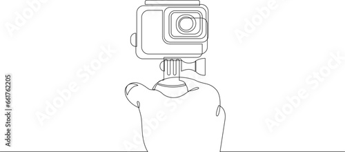 Continuous one line drawing of hand holding action camera for a selfie. Single line extreme video camera in waterproof case for a photo and video filming. Vector illustration.