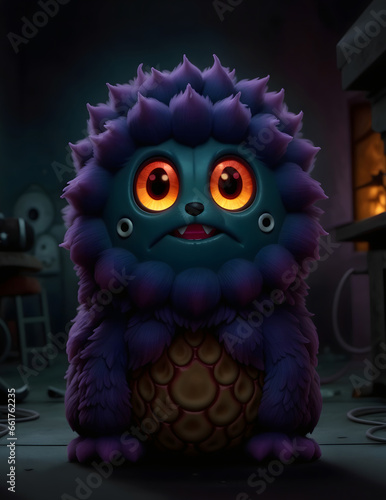 3d animation style portrait of a cute fluffy monster in a dark room, Purple fluffy alien with big yellow eyes