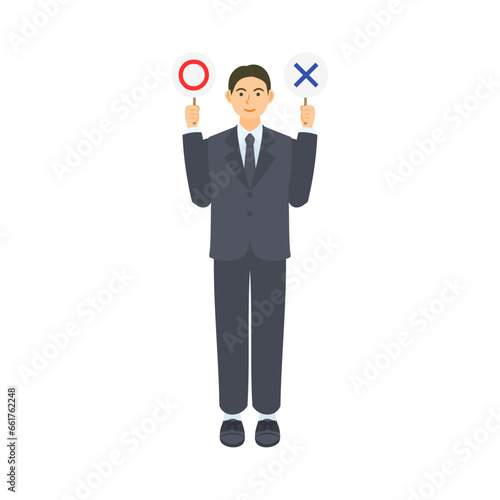 丸とバツのプラカードを持つ男性会社員。フラットなベクターイラスト。 A male office worker holding a placard with a circle and a cross on it. Flat designed vector illustration.
