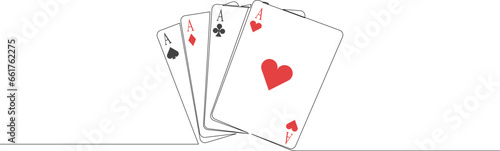 Single continuous line drawing set of four aces playing cards suits. Four of a kind aces poker hand. Set of heart, clubs, diamonds and spades. Modern one line art style design. Vector illustration.