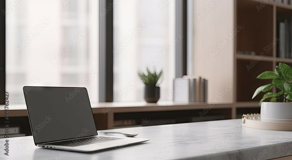 Elevate workspace. Modern home office with laptops and coffee on table. Tech and creativity. Sleek setup with blank laptop screen. Art of work with digital tools Elevate workspace. Modern home office with laptops and coffee on table. Tech and creativity. Sleek setup with blank laptop screen. Art of work with digital tools