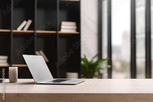 Elevate workspace. Modern home office with laptops and coffee on table. Tech and creativity. Sleek setup with blank laptop screen. Art of work with digital tools © Thares2020