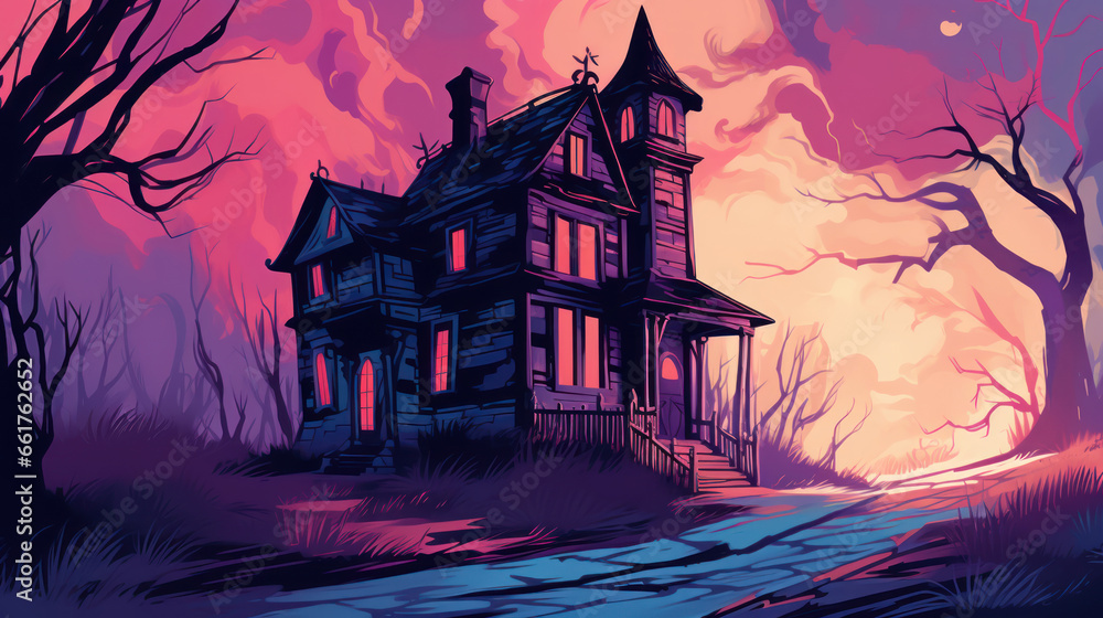 Illustration of a haunted house in shades of purple. Halloween, fear, horror