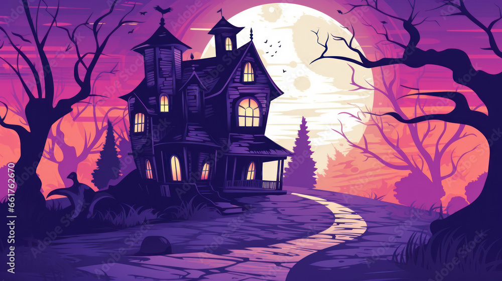 Illustration of a haunted house in shades of violet. Halloween, fear, horror