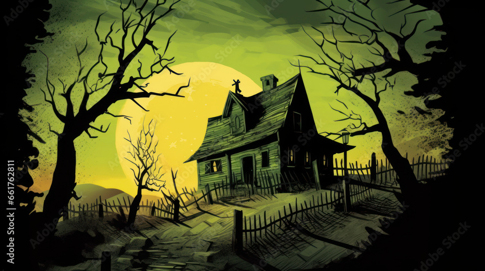 Illustration of a haunted house in shades of chartreuse. Halloween, fear, horror Illustration of a haunted house in shades of chartreuse. Halloween, fear, horror