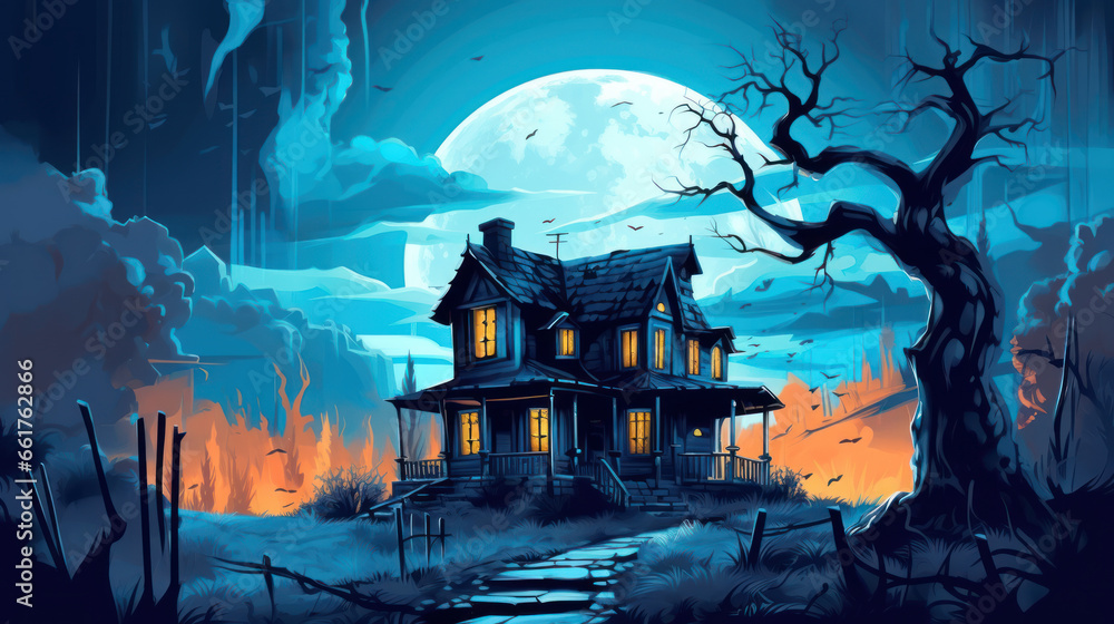 Illustration of a haunted house in shades of azure. Halloween, fear, horror
