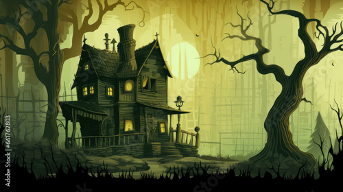 Illustration of a haunted house in shades of olive green. Halloween, fear, horror