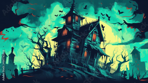 Illustration of a haunted house in shades of turquoise. Halloween  fear  horror