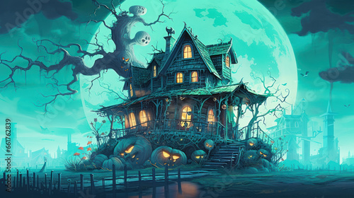 Illustration of a haunted house in shades of aqua. Halloween, fear, horror