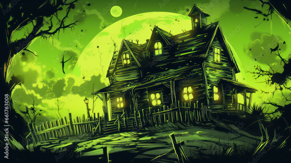 Illustration of a haunted house in shades of dark lime. Halloween, fear, horror