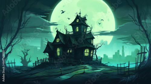 Illustration of a haunted house in shades of dark green. Halloween, fear, horror