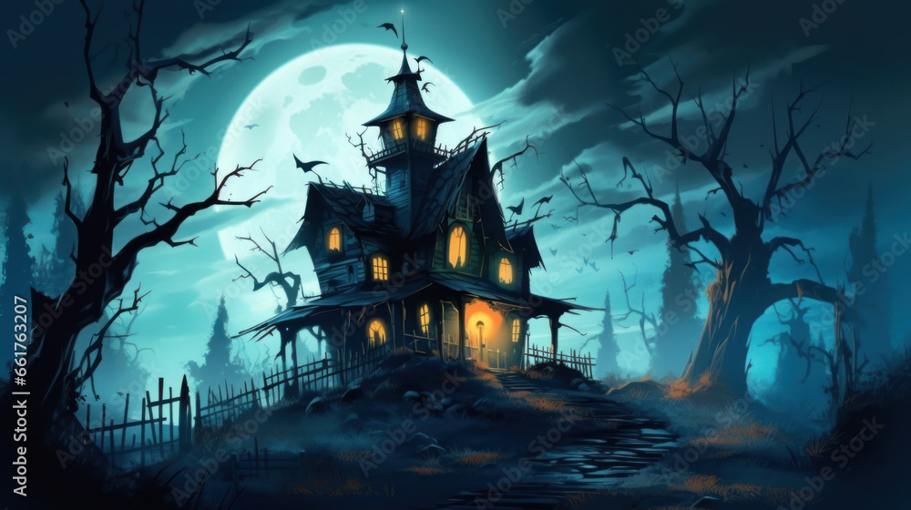 Illustration of a haunted house in shades of light black. Halloween, fear, horror