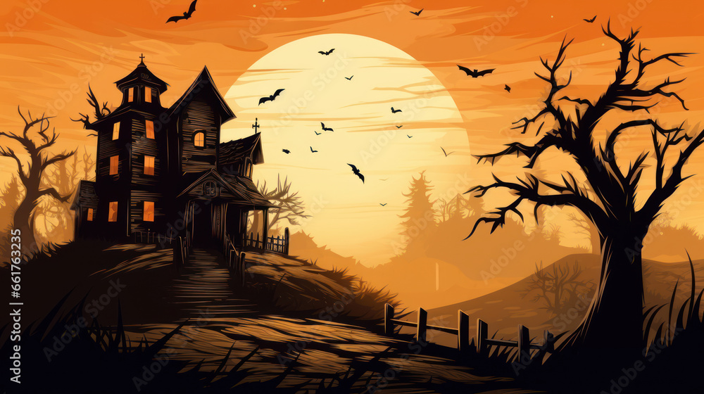 Illustration of a haunted house in shades of light brown. Halloween, fear, horror