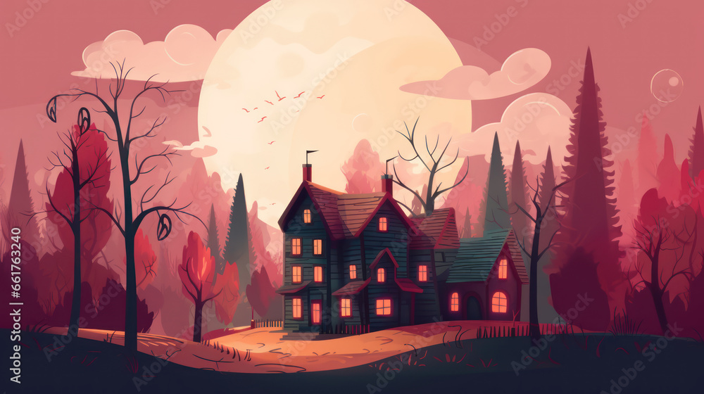 Illustration of a haunted house in shades of light maroon. Halloween, fear, horror