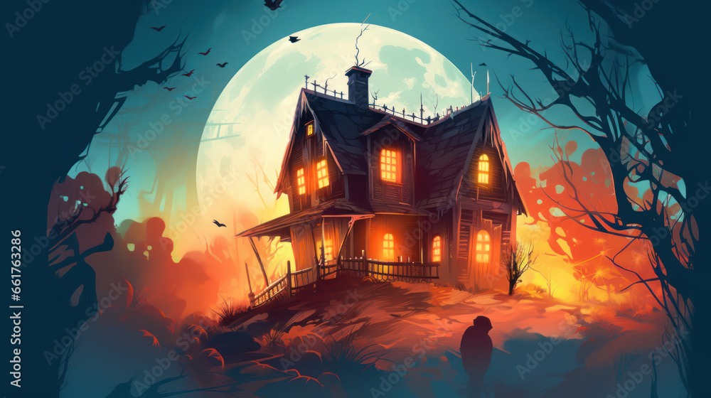 Illustration of a haunted house in shades of light orange. Halloween, fear, horror