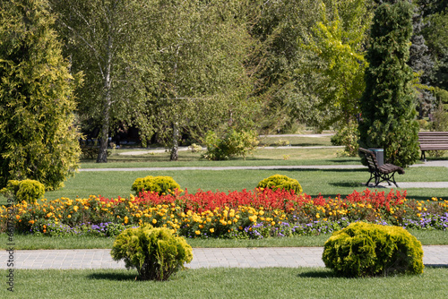 Urban Park. Flowers and Trees. Garden Design