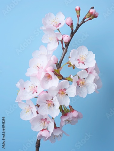 Pink cherry blossoms,pink sakura,beautiful cherry blossoms blue background. Cherry blossoms are beautiful and pleasing to the eye. Makes you feel relaxed like you're in nature. Generative ai