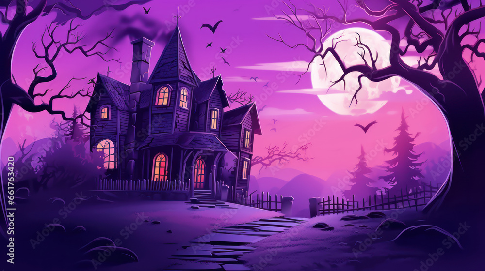 Illustration of a haunted house in shades of light purple. Halloween, fear, horror