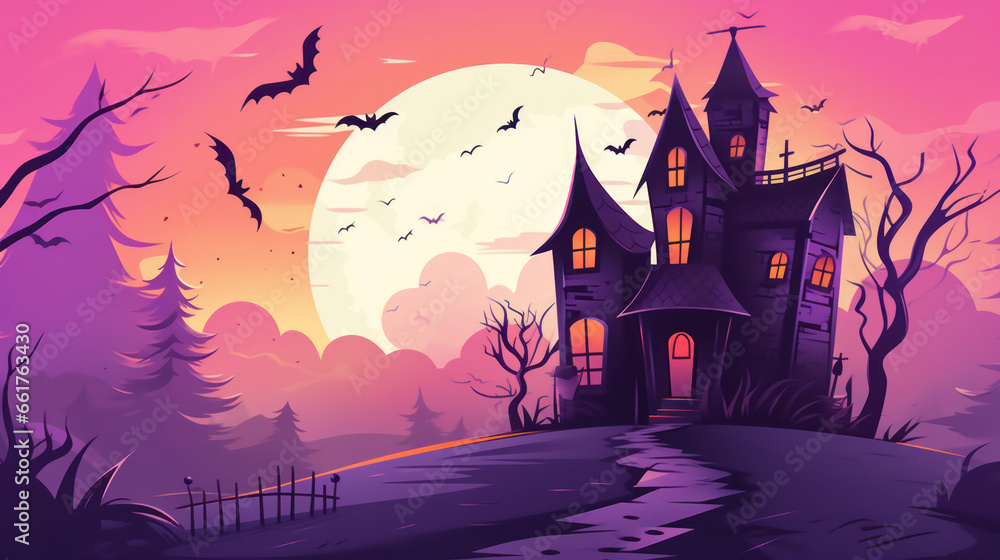 Illustration of a haunted house in shades of light purple. Halloween, fear, horror