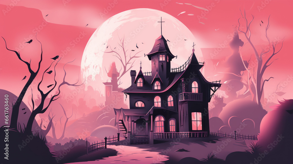 Illustration of a haunted house in shades of light pink. Halloween, fear, horror