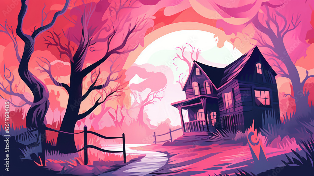 Illustration of a haunted house in shades of light pink. Halloween, fear, horror