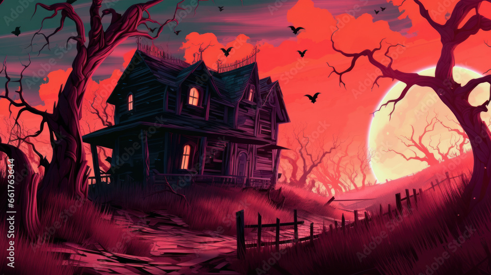 Illustration of a haunted house in shades of vivid red. Halloween, fear, horror