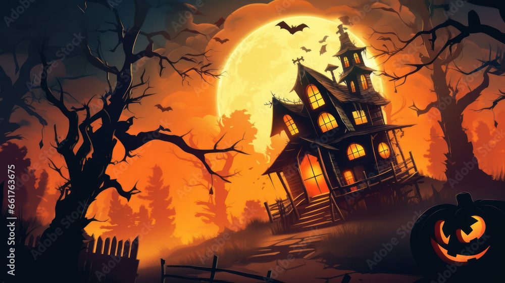 Illustration of a haunted house in shades of vivid orange. Halloween, fear, horror