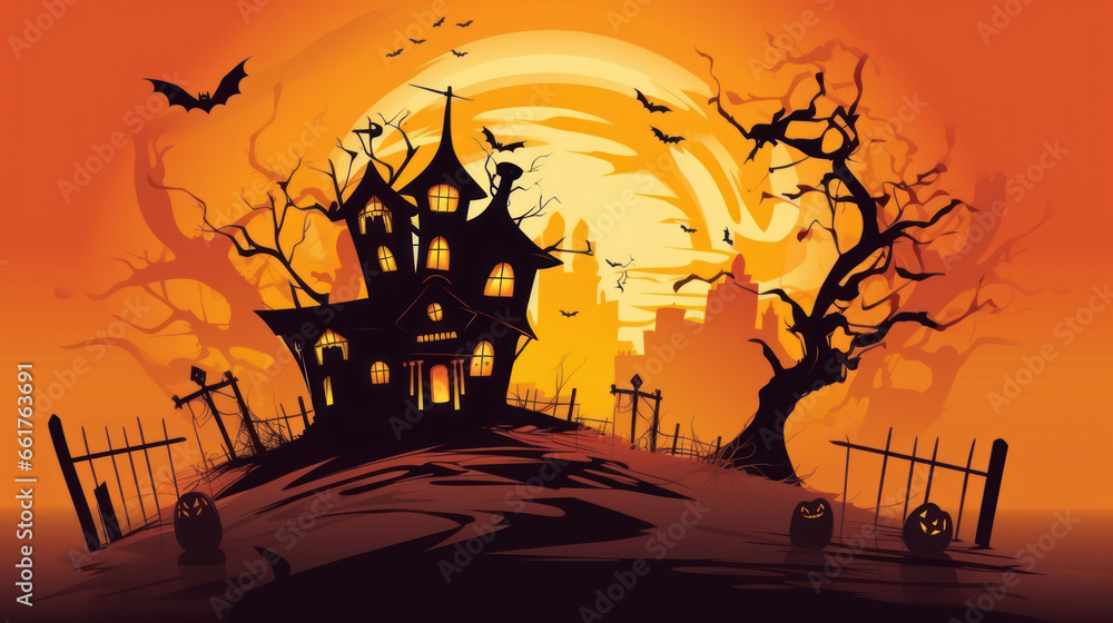 Illustration of a haunted house in shades of vivid orange. Halloween, fear, horror