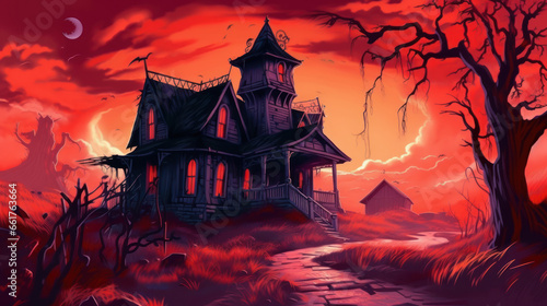 Illustration of a haunted house in shades of vivid red. Halloween, fear, horror © darkredmon
