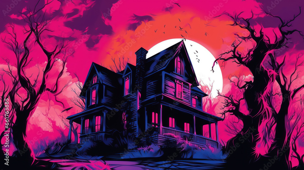 Illustration of a haunted house in shades of vivid magenta. Halloween, fear, horror Illustration of a haunted house in shades of vivid magenta. Halloween, fear, horror