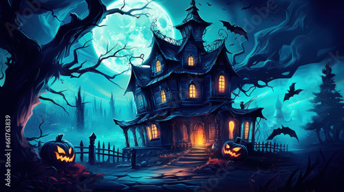 Illustration of a haunted house in shades of vivid cyan. Halloween, fear, horror