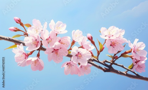Pink cherry blossoms pink sakura beautiful cherry blossoms blue background. Cherry blossoms are beautiful and pleasing to the eye. Makes you feel relaxed like you re in nature. Generative ai