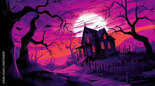 Illustration of a haunted house in shades of vivid purple. Halloween, fear, horror © darkredmon