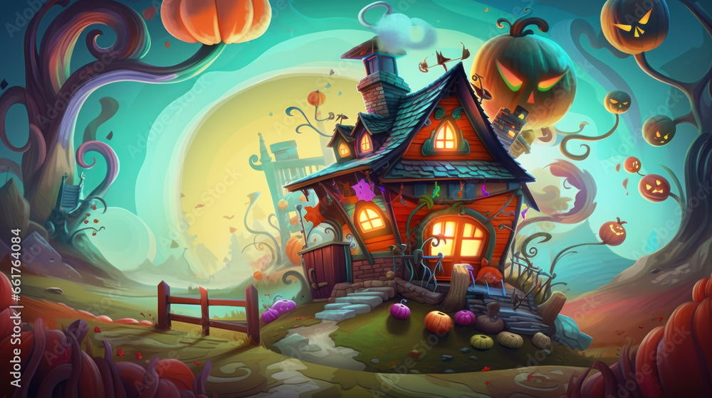 Illustration of a haunted house in shades of colorful. Halloween, fear, horror Illustration of a haunted house in shades of colorful. Halloween, fear, horror
