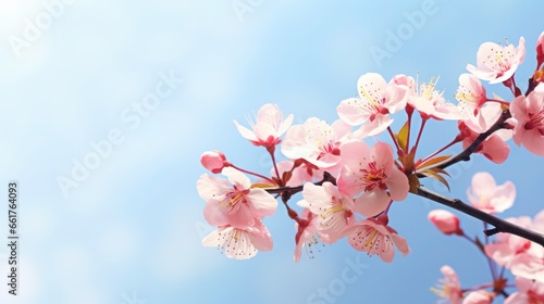Pink cherry blossoms pink sakura beautiful cherry blossoms blue background. Cherry blossoms are beautiful and pleasing to the eye. Makes you feel relaxed like you re in nature. Generative ai