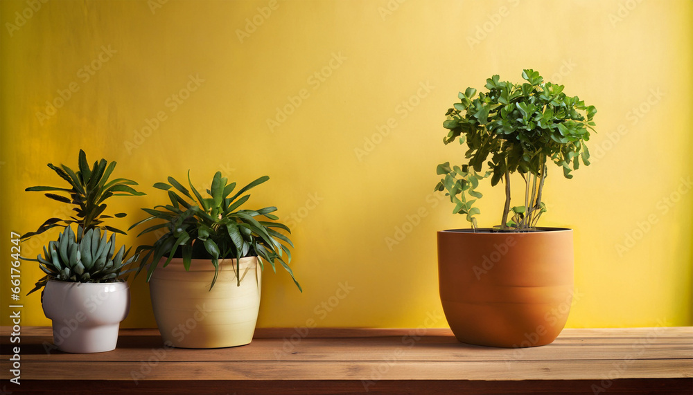 Wooden table with green potted plants against a bright yellow wall background