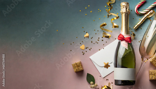 Holiday template featuring a champagne bottle