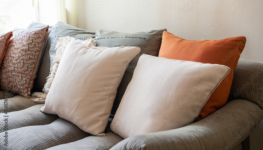 Close-up of a fabric sofa adorned with white and terra cotta pillows in the context of a modern French country home interior design for the living room