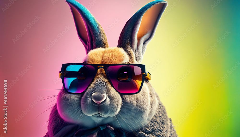 Stylish rabbit wearing sunglasses against a vibrant backdrop