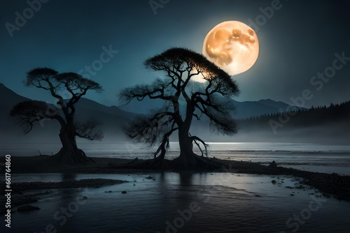 Dead Trees At Night In Rocky Field Front Of Huge Moon Spooky Scene photo