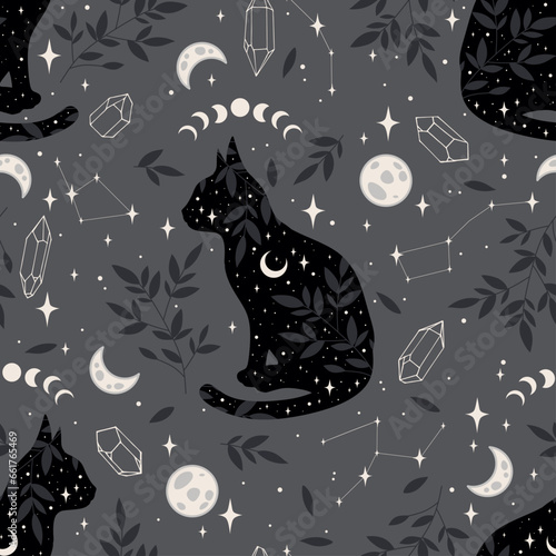 Seamless pattern with cats, crystals, moon and plants on dark gray background. Vector Halloween background in flat style. For textiles, clothing