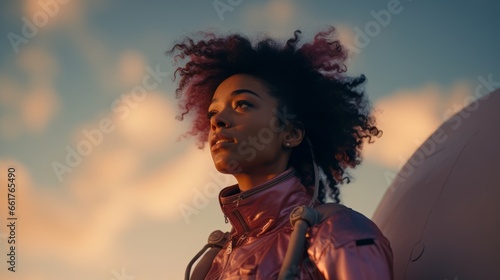 Close up portrait of black Female astronaut in a space suit walking on Mars or other red sandy planet. Sci-Fi Space Travel Concept.