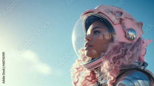Close up portrait of black Female astronaut in a space suit walking on Mars or other red sandy planet. Sci-Fi Space Travel Concept.
