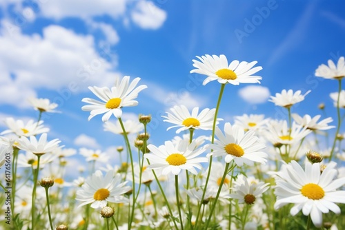 Daisies in a field with blue sky, closeup of white wild flowers. Generative AI © Clio