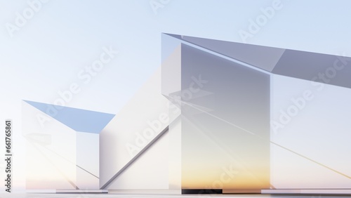 Abstract futuristic architecture with flat floor and blue sky  combined shape design between triangle and quadrangle