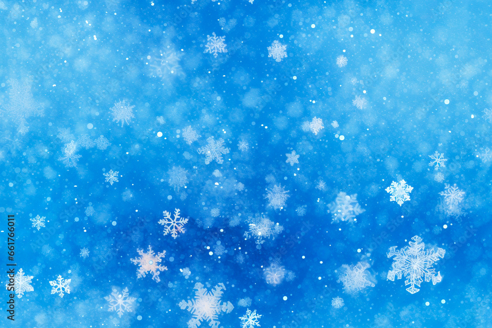 Snowflakes are drawn on a blue background. Winter background.